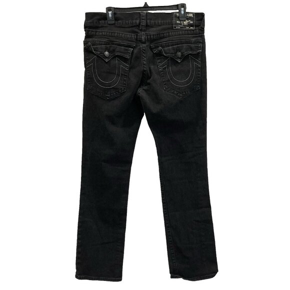 True Religion Ricky Jeans Mens 34 Black Denim Relaxed Straight Buddha Patch Logo - Picture 2 of 7